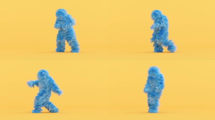 蓝色毛茸茸的3d卡通人物在黄色背景上跳舞，人穿着毛茸茸的服装，有趣的吉祥物循环动画，现代最小的无缝运
