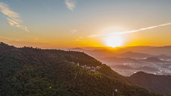 上虞梁湖兰芎山仙福禅寺绿水青山日出蓝天