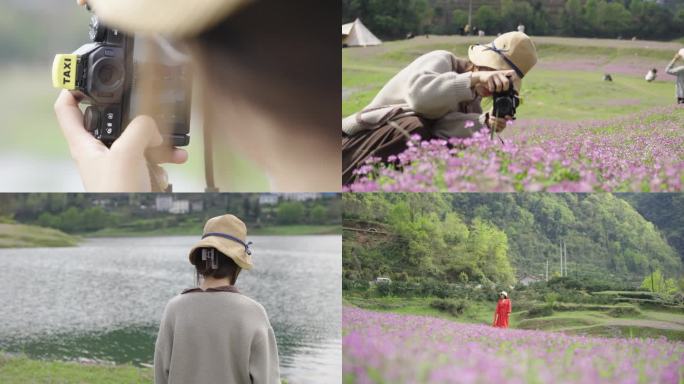 春天郊游湖边摄影师 野花 春游 女生拍照