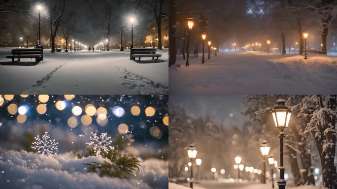 冬天夜晚雪花飘落唯美的下雪场景