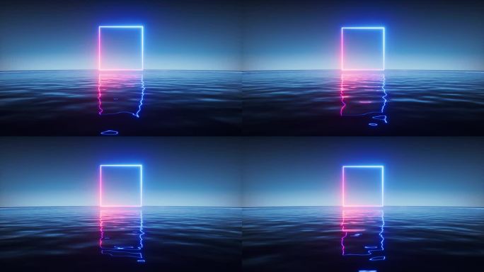 发光的霓虹灯线与水面背景，3d渲染。