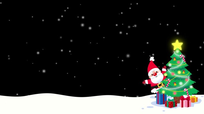 圣诞背景- 4K动画。圣诞老人在透明的白雪背景下的圣诞树后面挥手