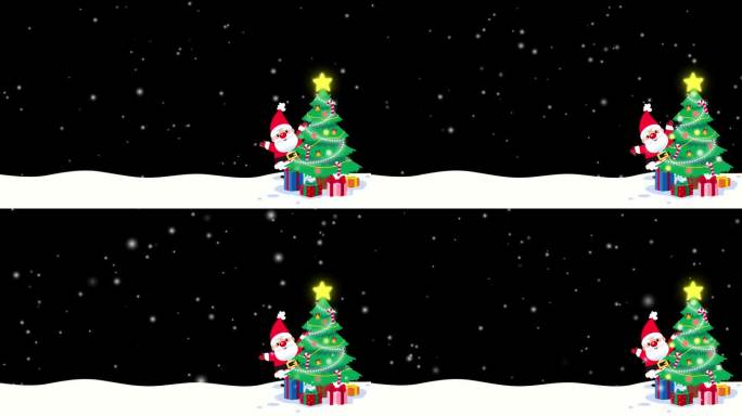 圣诞背景- 4K动画。圣诞老人在透明的白雪背景下的圣诞树后面挥手