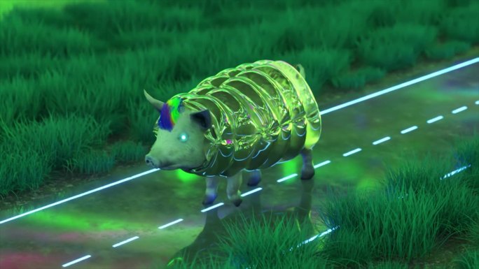 一头猪穿着时髦的夹克，留着蓝色的发型，沿着一条柏油路走过一片绿草地。绿色滤光片