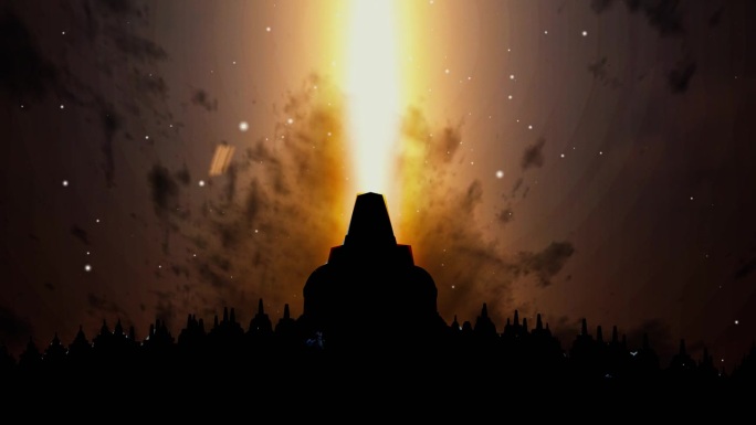 婆罗浮屠寺的剪影与明亮的灯光效果
