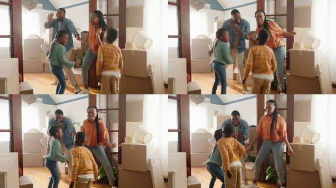 父母和孩子在新家跳舞，用箱子和爱玩跳跃来增进感情。黑人家庭，幸福和健康的现代住宅，移动和兴奋与房地产