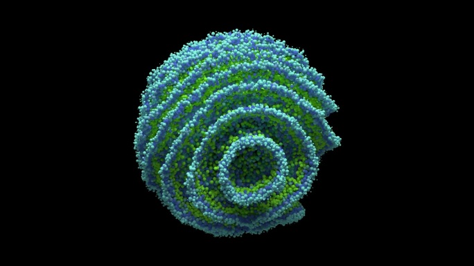 三维绿色球体由小球组成，这些小球可以生长和改变颜色，变成美丽的抽象青色形状。微生物学、有机化学和科学
