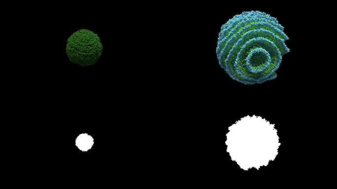 三维绿色球体由小球组成，这些小球可以生长和改变颜色，变成美丽的抽象青色形状。微生物学、有机化学和科学