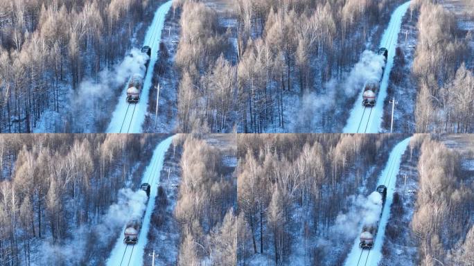 航拍大兴安岭雪原列车