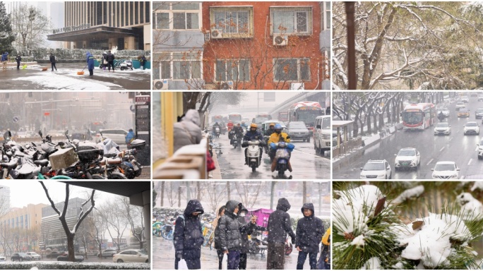 城市下雪冬天行人外卖员街道雪天唯美空镜