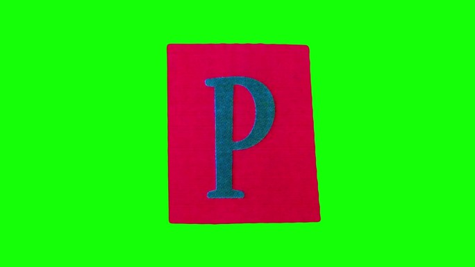 红色矩形上的大字母P在绿色屏幕上的纸皱循环定格动画