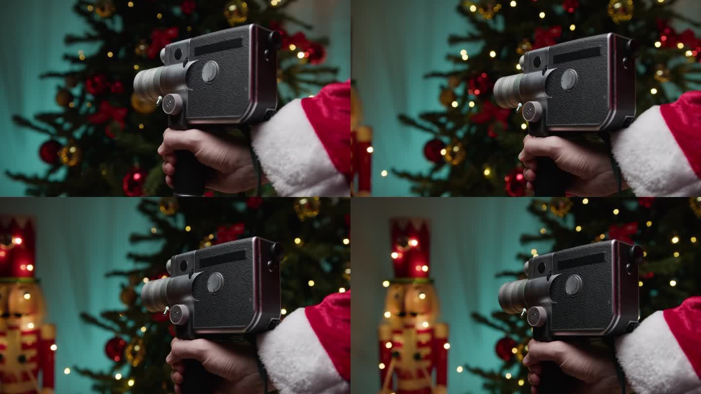 圣诞老人用老式相机拍摄圣诞美景