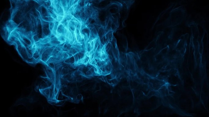 蓝色抽象液体粒子向下移动。墨汁滴在暗底上。烟雾效果的组成或覆盖。3D渲染，4K循环