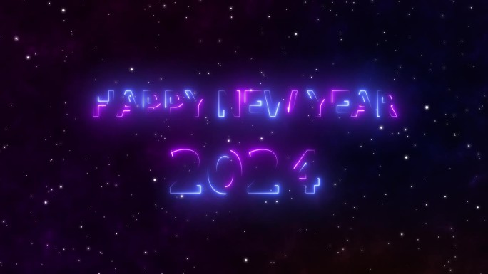 2024年新年快乐。霓虹蓝和紫色2024穿越星空星空的超新星发出五彩斑斓的光。太空星云与恒星一起移动