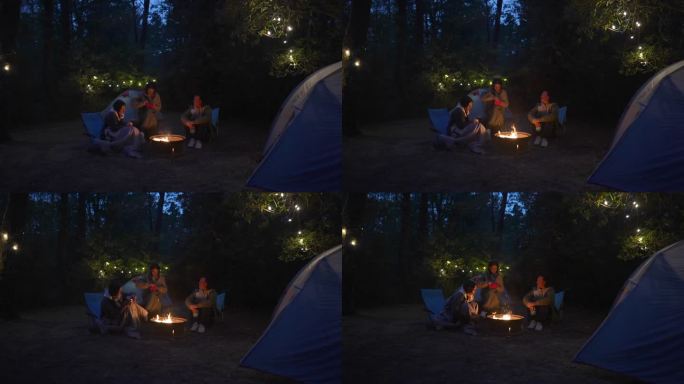 朋友们一起露营，围坐在篝火旁