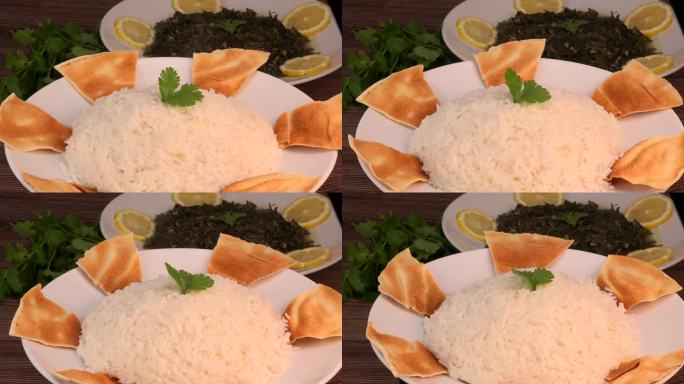 黎巴嫩食谱:穆卢克亚，米洛希亚，椰叶和香菜饭，烤皮塔饼