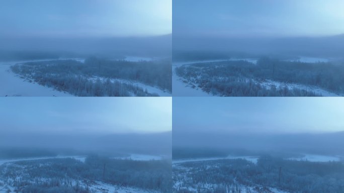 黎明林海雪原蓝色冻雾