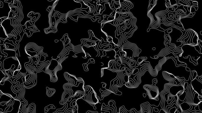 抽象动画轮廓地形等高线地图。黑色背景上移动的波浪。4K循环动画。