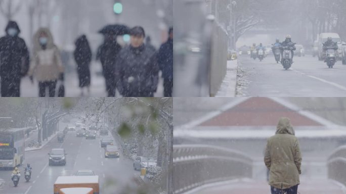 北京大雪街道行人，下雪天城市交通出行市井