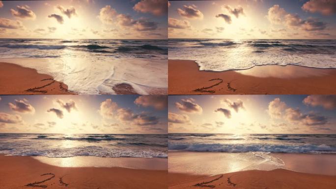 2024年新年的文字写在沙滩上的热带海滩，在美丽的日出，云在海浪和异国情调的岛屿