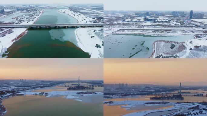 航拍冬天的河流桥梁雪景