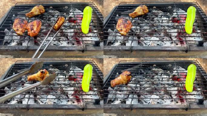 烧烤派对上的辣味腌鸡块和灯笼椒。夏季烧烤。户外特写。