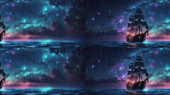 6K宽屏大屏梦幻唯美星夜航海下雨背景