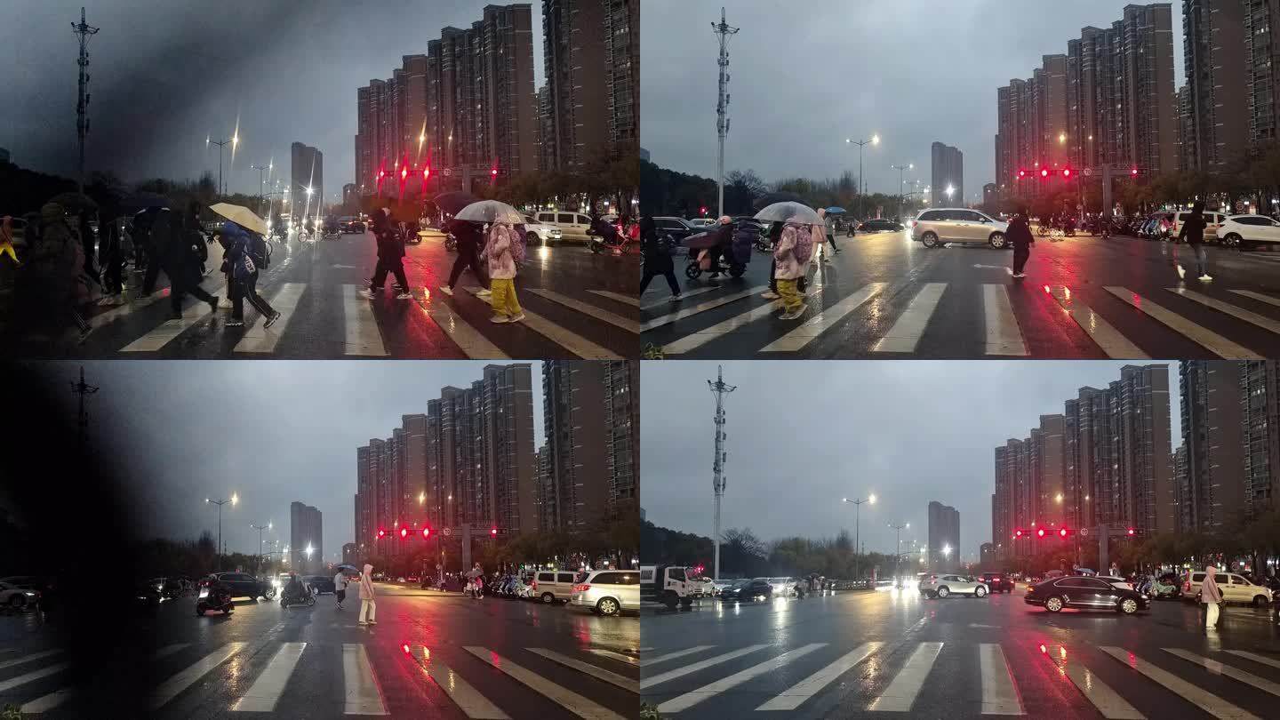 下雨天过马路人群