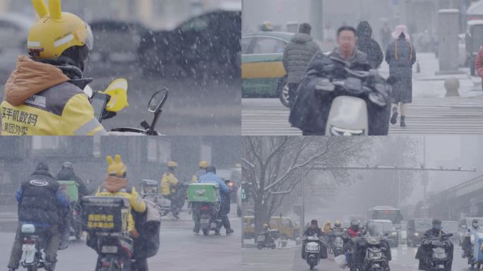 大雪北京，交通红绿灯忙碌上班族CBD下雪