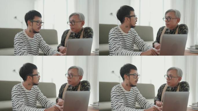 数字时代的家庭支持:亚洲男性自由职业者在舒适的家庭环境中与年长的父亲交谈和工作。