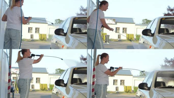 一个金发女孩穿着白色t恤和牛仔裤在自助洗车店洗车。高品质4k画面