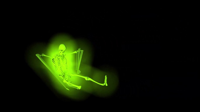 绿色的霓虹僵尸骨架倒下了。令人毛骨悚然的长手指骷髅。万圣节视频。黑屏上的3D动画。