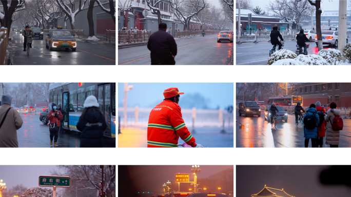 北京雪景 行人车流街景 夜晚街头