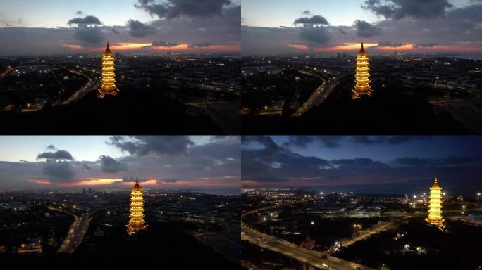 招宝山敖柱塔夜景航拍4K视频