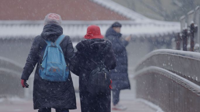 北京雪中老人搀扶走路背影，雪街道