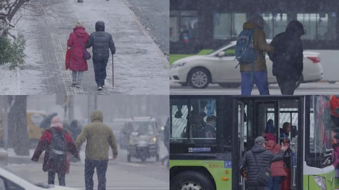 北京雪中老人母女搀扶走路背影，雪街道