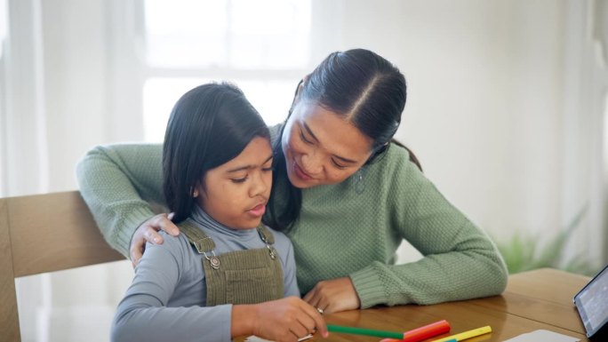 教育，画画和妈妈在家上学，孩子写作业作为支持或照顾一起在家里的桌子上。学习，发展和快乐的父母教孩子作
