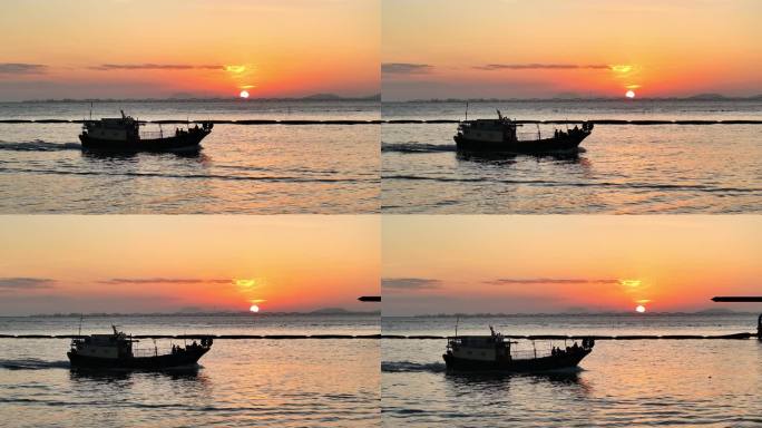 夕阳渔船出海捕鱼
