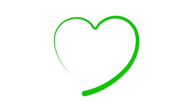 动画绿色心脏绘制与液体效果。画出和消失的笔触的效果。爱的概念，志愿服务，捐赠。矢量插图隔离在白色背景