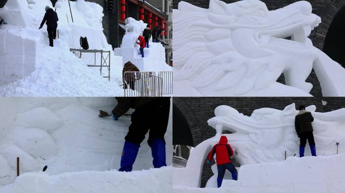 雪雕艺术工作者在雕刻龙的雪雕造型