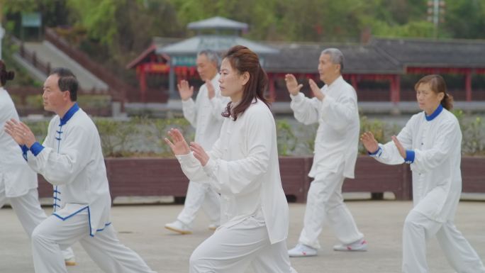 老年人湖边打太极太极扇晨练城市宣传片