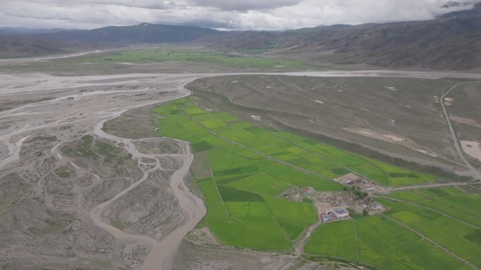 航拍西藏藏区湿地中的农田田地