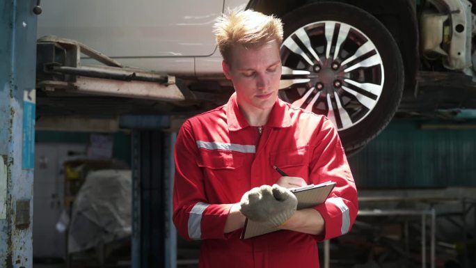 年轻的白人修理工在汽车修理厂分析和修理坏了的汽车