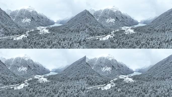 西藏林芝市巴松措，雪山森林的林海雪原航拍