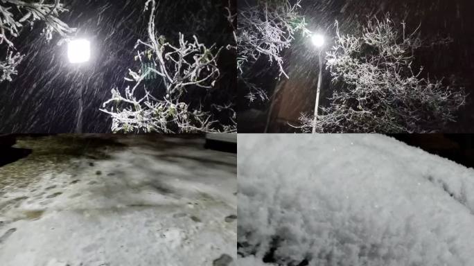 夜幕中微弱灯光下漂落的雪