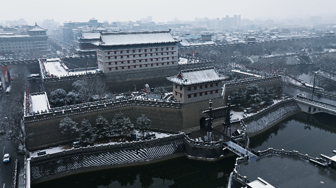 航拍西安城墙永宁门雪景（多视角长视频）