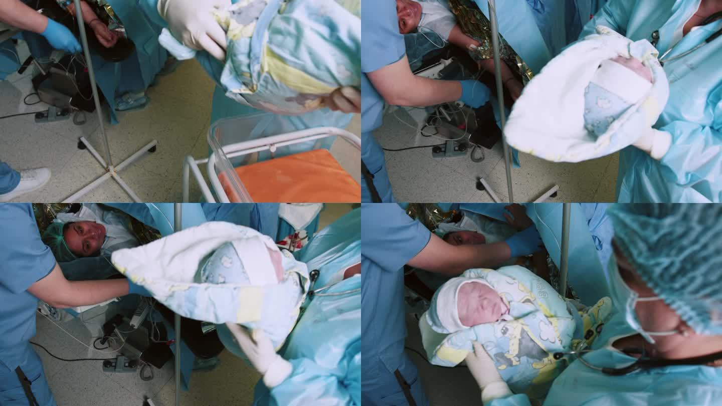 新生儿。在现代化医院手术室，专业的麻醉师、医生、医疗团队和助手正在用手术设备为婴儿进行剖宫产和接生