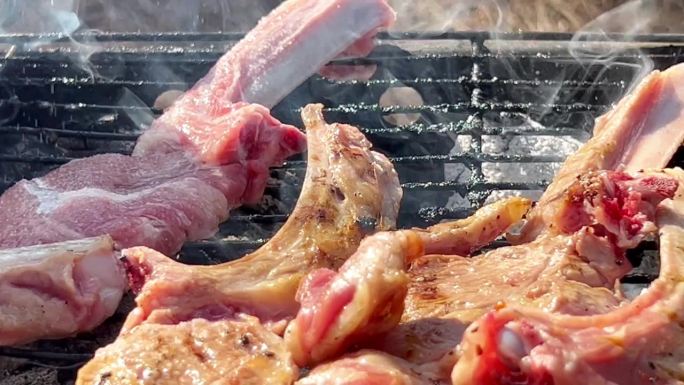 在烤架上用盐给羊排调味。切碎的羊排骨。在明火上煮熟的肉制品。近距离烧烤。