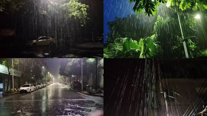 黑夜雷雨倾盆大雨 雨夜夜晚逆光雨季夜景