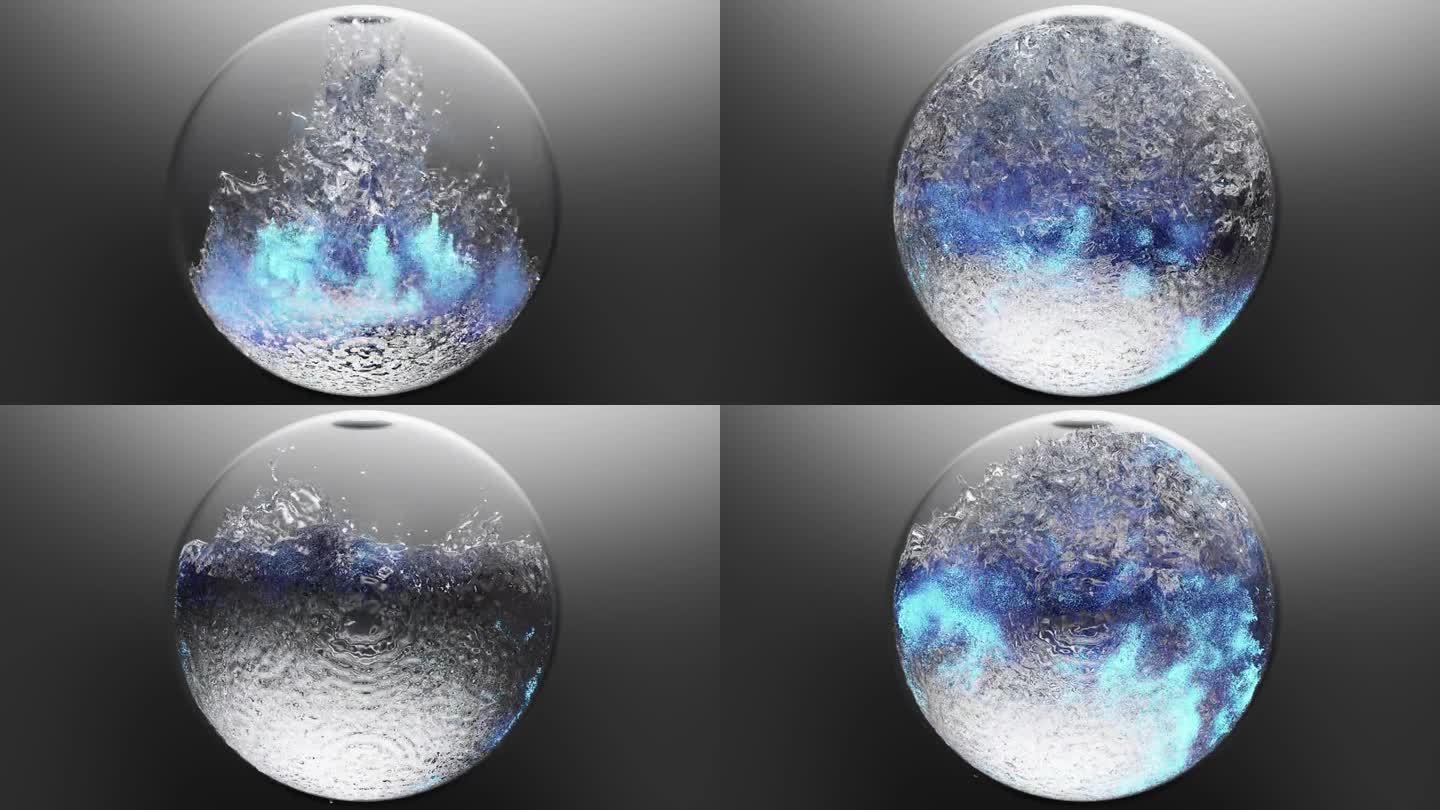 逼真的抽象液体球体，尘埃颗粒液体物质，神奇的亮蓝色发光原子，水滴飞溅，液体物质，水球波成圆形，3d渲